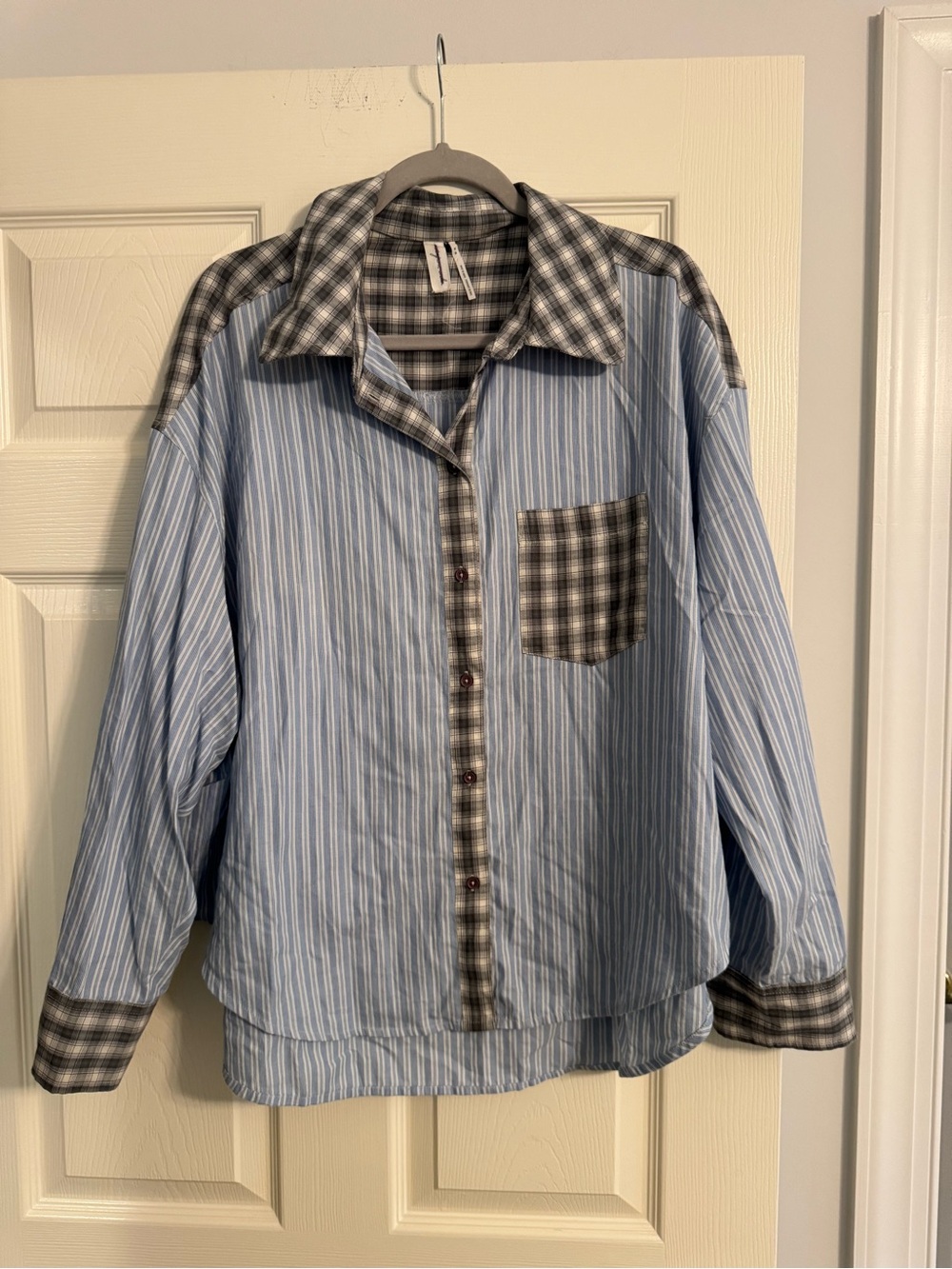 Urban Outfitters Light Blue Striped Button-Down with Gray Plaid Trim